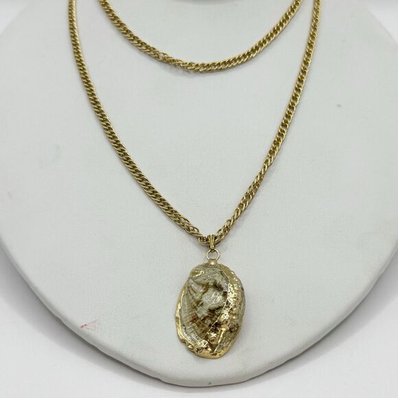 Vintage Gold Dipped Abalone Shell Long Necklace Coastal Beachy Bohemian 27” - Picture 10 of 11
